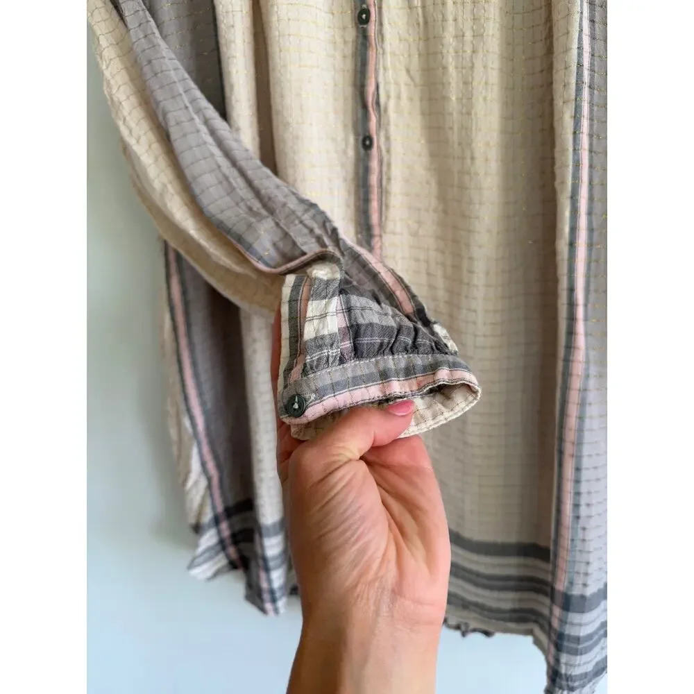 Free People Metallic Thread Long Sleeve Tunic Mini Dress Cream Gray XS
